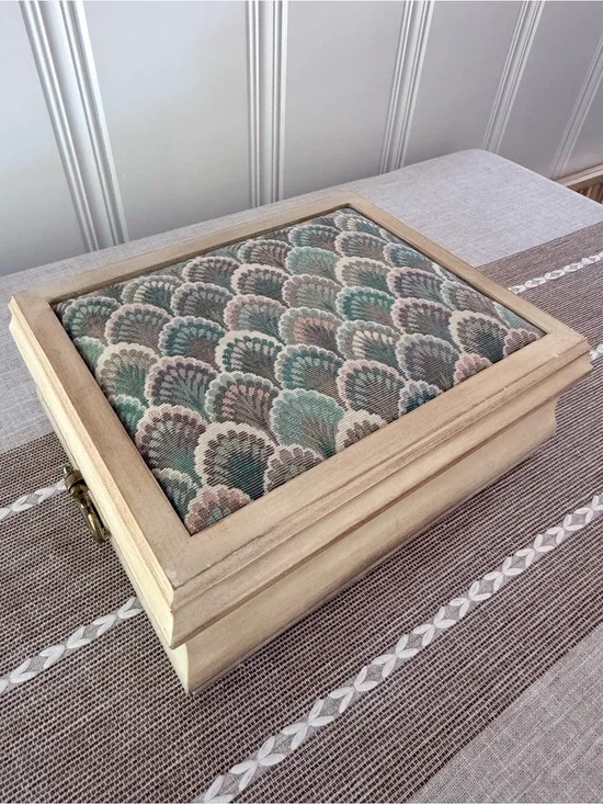 Wooden Jewelry Organizer Box with Teal & Blush Fabric Inset