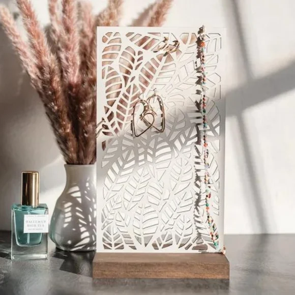 NEW Handcrafted Laser Cut Wooden Jewelry Stand Leaf Design Boho