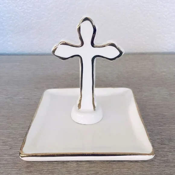Christian Cross Ceramic Jewelry Trinket Tray