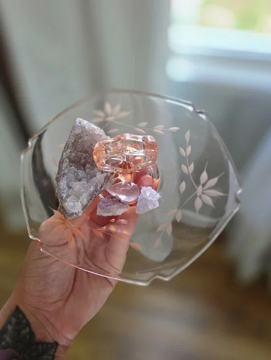 Pink Depression Glass Trinket Tray with Crystals!
