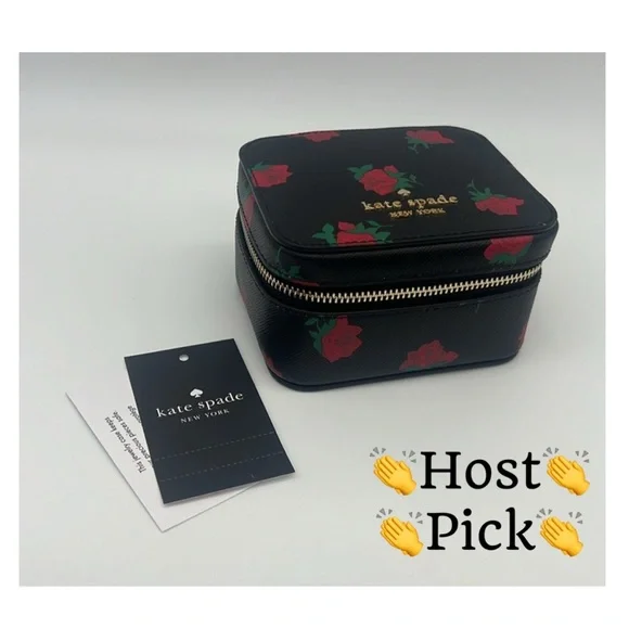 Kate Spade Madison Rose Toss Printed Jewelry Holder Case Box Black Red