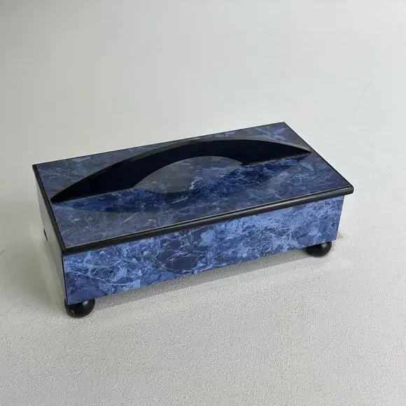 Modern Times Blue Marbled Wooden Keepsake Jewelry Box Velvet Lined With Feet
