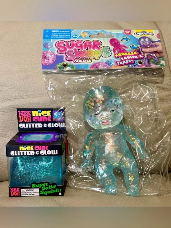 NEW NeeDoh BLUE Glitter & Glow Nice Cube & Sugar Swaps Onsies Baby Squishy