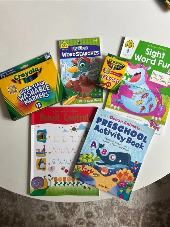 Preschool Activity Books, Skill Practice and Crayola Crayon and Marker Sets