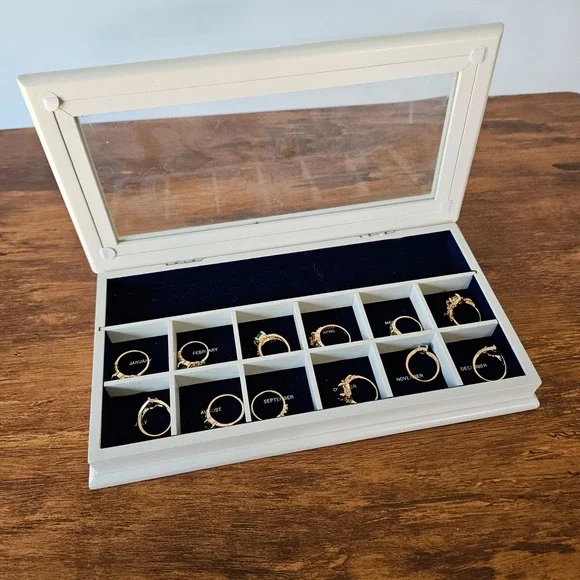 12 Piece Birthstone Ring Set 6, 7, 8, with White Wooden Glass Display Case Box