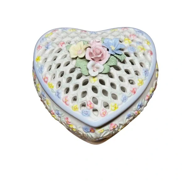 Vintage Heart Shaped Ceramic Trinket Box Pierced Lattice Lid Floral Relief White