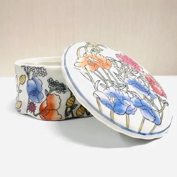 Vintage Floral Asian Trinket Jewelry Storage Box Lidded