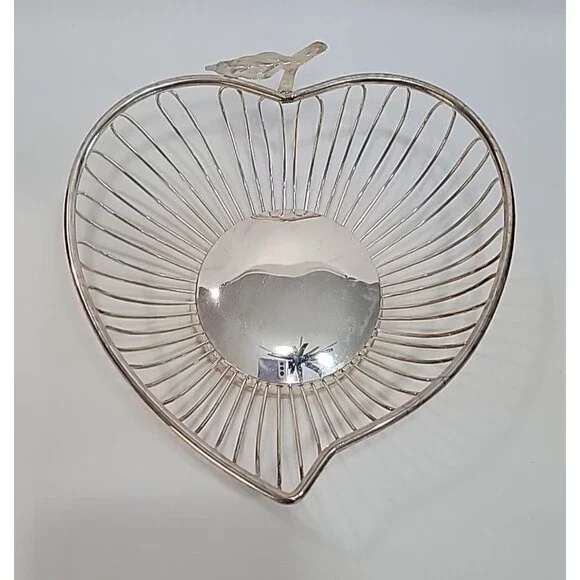 Vintage Silverplate Heart-Shaped Fruit Basket with Leaf Accent