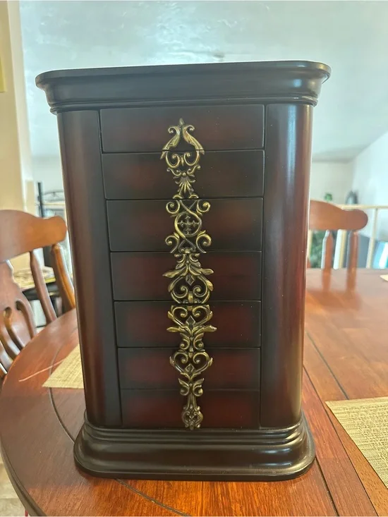 Vintage 2001 Bombay Company Mahogany Wood Highboy Armoire Jewelry Box Chest 16.5