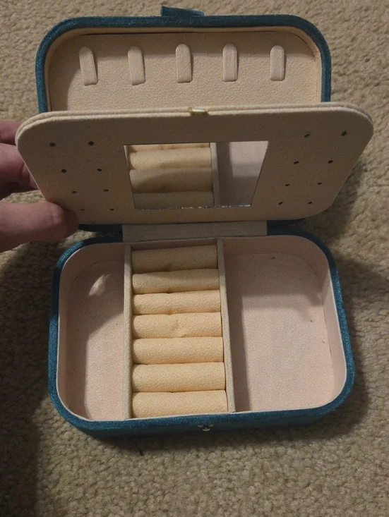 Teal Compact Jewelry Box with Ring Roll and Mirror