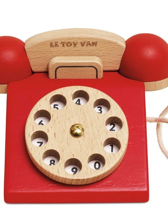 Vintage Classic Red Wooden Rotary Phone Toy