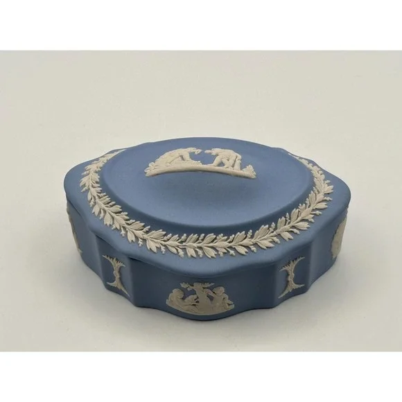 Vintage Wedgwood Blue Jasperware Lidded Trinket Box Classical Relief