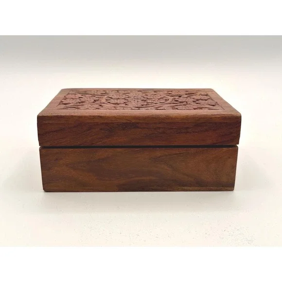 Vintage MCM Wooden Hand-Carved Hinged Lid Keepsake Box