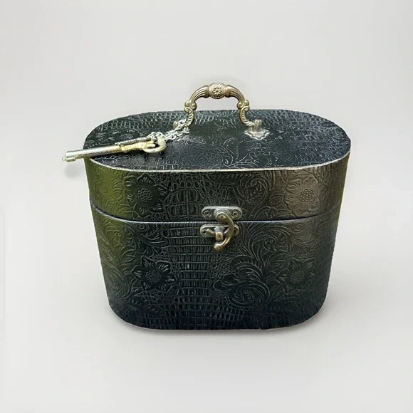 VTG Black Jewelry Box Faux Alligator Floral Embossed Vanity Case -Key Decor Only