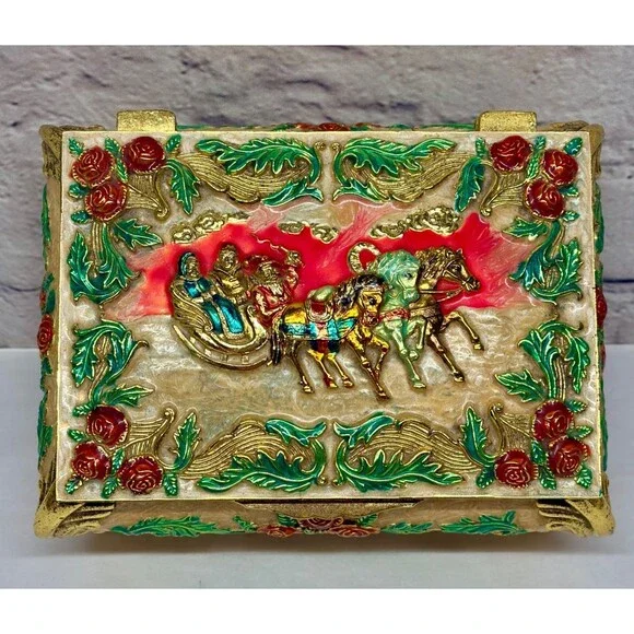 Vtg Jewelry Box Metal Enamel Christmas Scene Footed  Santa Sleigh Russian Troika