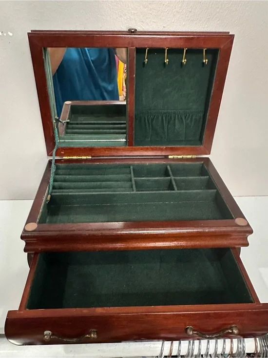 Vintage Bombay Wood Jewelry Box with Mirror in Dark Green