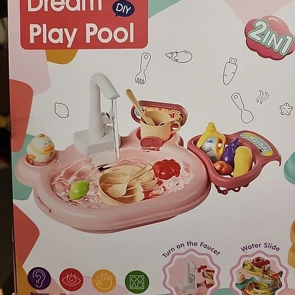 Play Sink with Running Water, 2-in-1 Toddler Kitchen Toys Pink