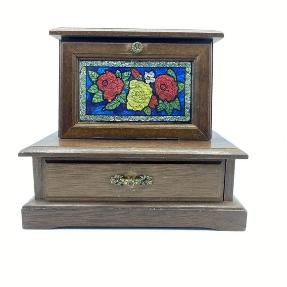Vintage Wooden Jewelry Music Box, Made In Japan, Floral Roses Stained Glass Look