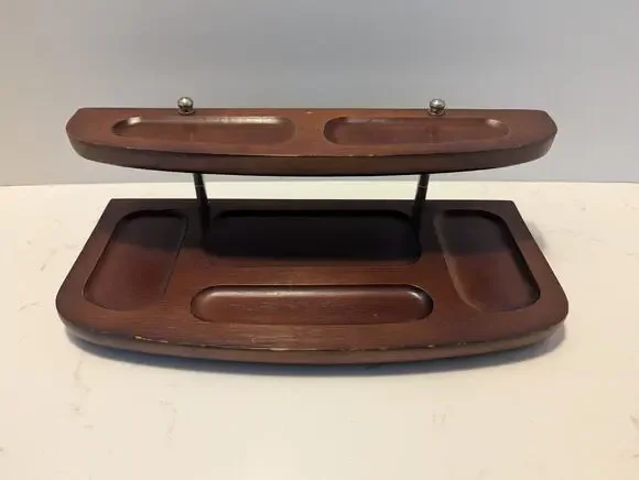 Vintage MCM Men's Dresser Valet Desk Organizer Tray Dark Wood 2 Tier Taiwan