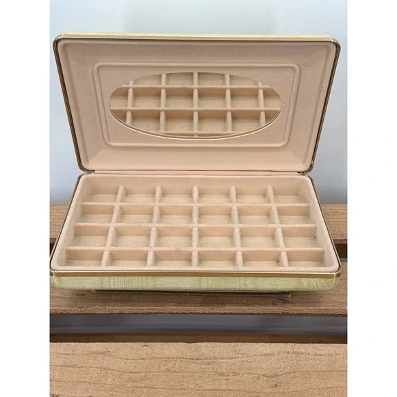 Vtg MCM Fabric‎ Jewelry Box Gold Tone Trim 24 Compartments Oval Mirror Clamshell