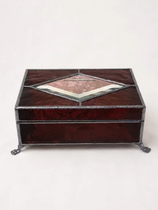 Handmade Stained Glass Jewelry Box with Beveled Glass Lid & Claw Feet