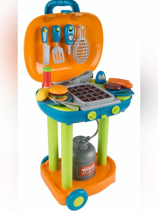 Kids BBQ Toy Kitchen Set Pretend Play Grill with Flame-Like Lights and food