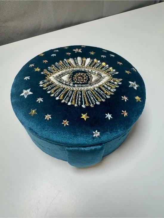 Velvet Beaded Evil Eye Jewelry Box in Teal, Made in India