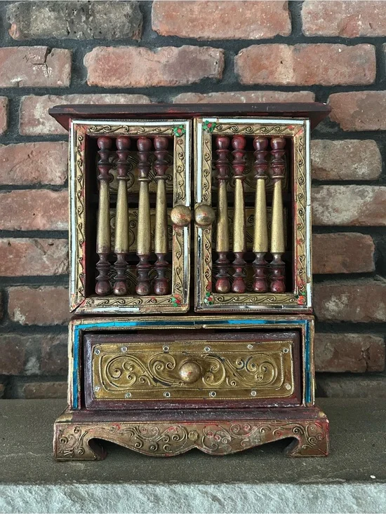 Vintage Handmade Asian Chinese Wooden Jewelry Box Cabinet Gorgeous Antique