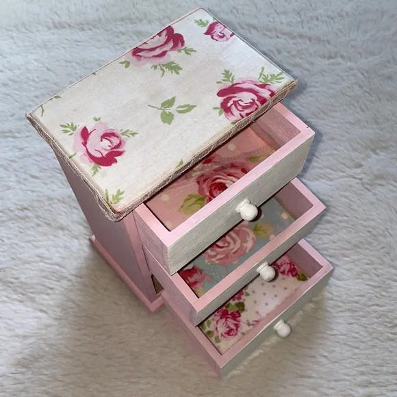Pink Floral Jewelry Organizer Mini Chest - Small 3-Drawer Storage