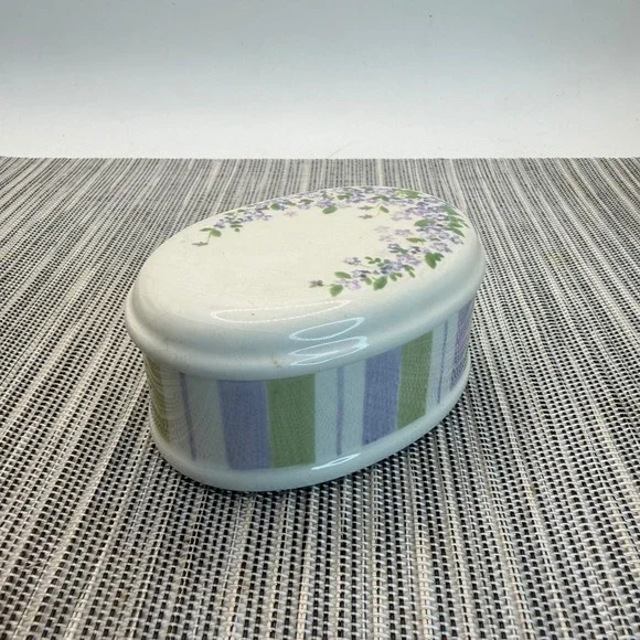 Demdaco Forget-Me-Nots Ceramic Trinket Box Floral Quote 2004 Purple Green Oval