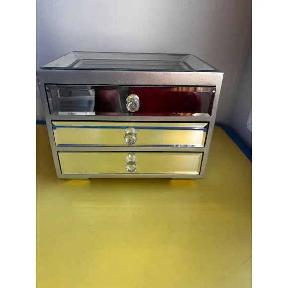 Mirrored 3 Drawer Jewelry Box Glass Top Crystal Knobs Silver Vanity Organizer