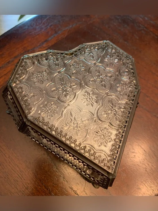 Ashland Embossed Metal Heart Jewelry Box in Silver and Glass