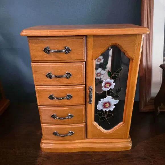Mele Wood Jewelry Box Armoire Floral Painted Glass Door Necklace Turn 5 Drawers