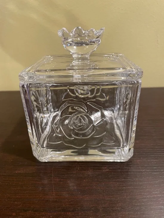 Embossed Glass Rose & Butterfly Jar • Floral Lid • Jewelry/Trinket Storage • NWT