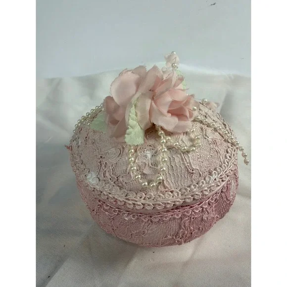 Vintage Pink Lace Trinket Box Rose Pearl Embellished Chic Musical Jewelry Case