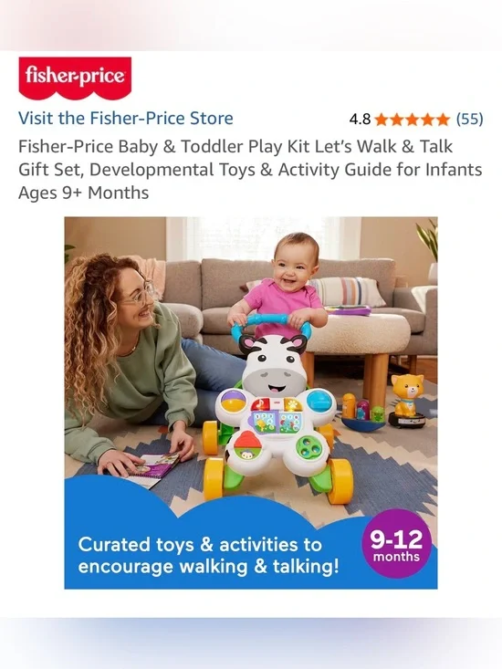 Fisher-Price Colorful Zebra Push Walker in White, Black, Blue, Yellow & Green