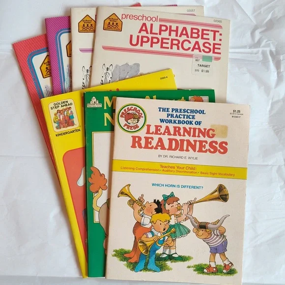 7 Vintage Pre-K Kindergarten & First Grade Educational Workbooks Coloring Books