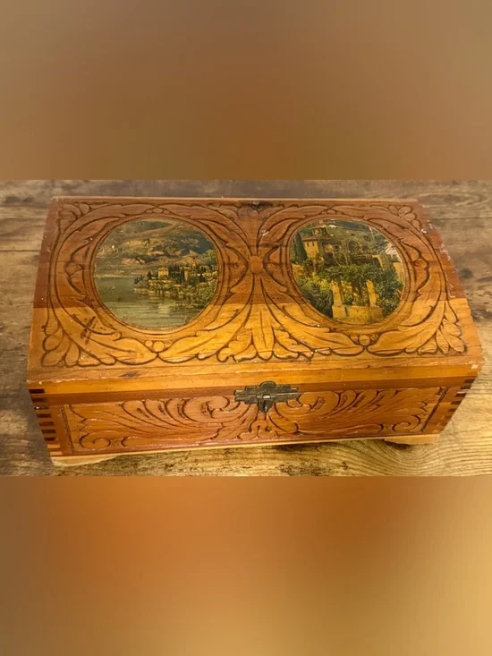Wood Carved Jewelry Box with Scenic Inlays - Brown