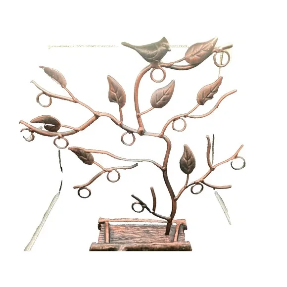 VTG‎ Metal Earring Tree W/ Bird / Trinket Tray Bronze Look - 11