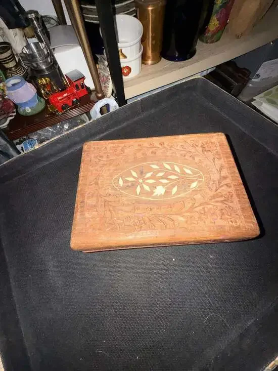 Vintage Hand-Carved Wooden Jewelry Keepsake Box with Floral Inlay