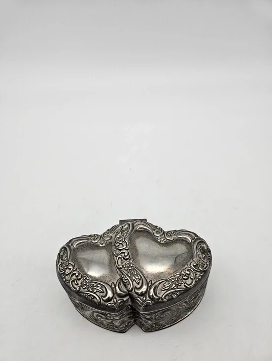 Vintage Embossed Silver Plate Heart Trinket Box Floral Design Jewelry Keepsake