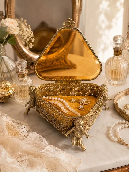 Vintage Gold Filigree Cherub Vanity Jewelry Box Amber Glass Trinket Casket
