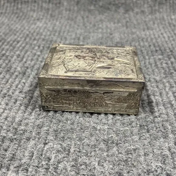 Vintage Trinket Vanity Box Wooden Lined Inside Silvertone Detailed 4x3 Japan‎