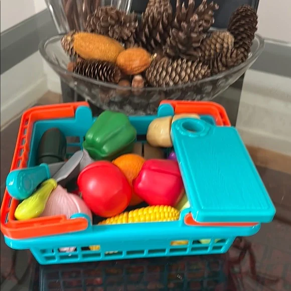 37-Piece Toddler Play Food Set Teal Orange Basket Fruits Veggies