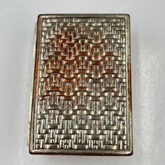 Vintage Basketweave Silver Tone Trinket Jewelry Box Retro Textured‎ Metal Case