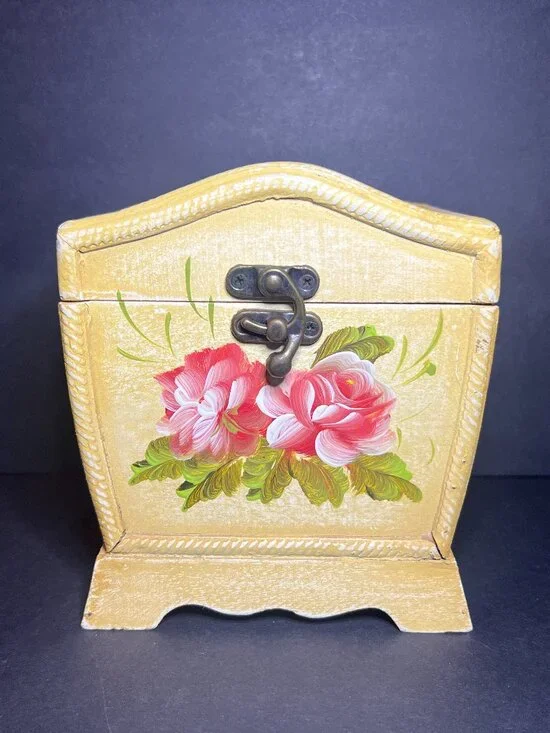 Vintage Hand Painted Floral Rose Motif Jewelry Trinket Box w/ Hinged Lid & Latch