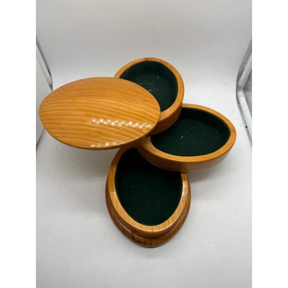 Mid-Century Modern (MCM) multi-tier wooden swivel jewelry box.