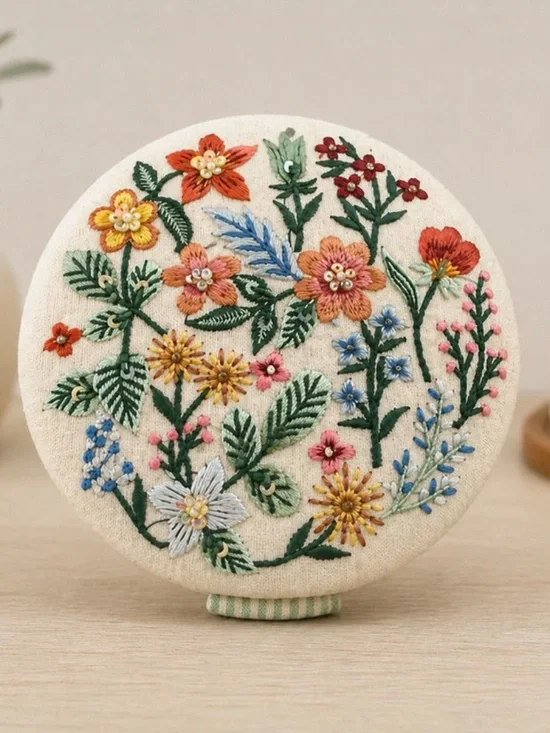 NWOT Embroidered Floral Jewelry Organizer Compact - Cream with Multicolor