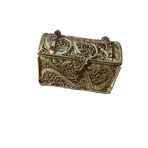 Vintage miniature‎ filigree gold tone chest trunk collectible jewelry box