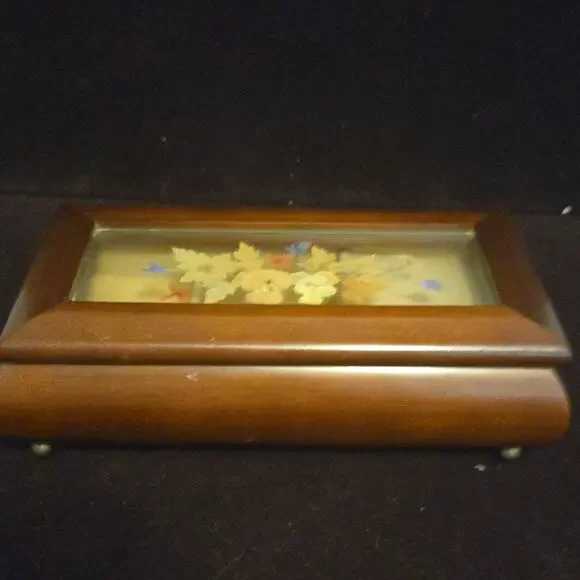 The Bombay Company Wood Jewelry Box Glass Lid Floral Velvet Lined Ring Vintage